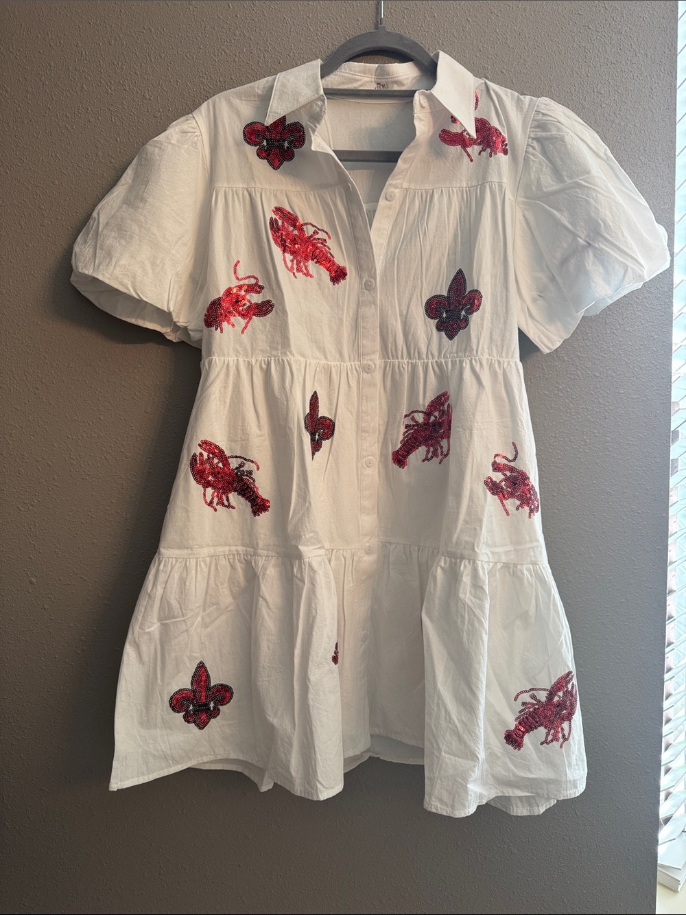 White Short-Sleeve Tiered Mini Dress with Red Embroidered Motifs